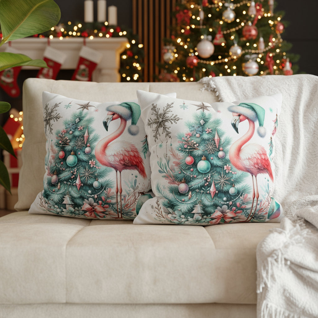Decorative pillows with flamingo and Christmas tree design on a sofa.