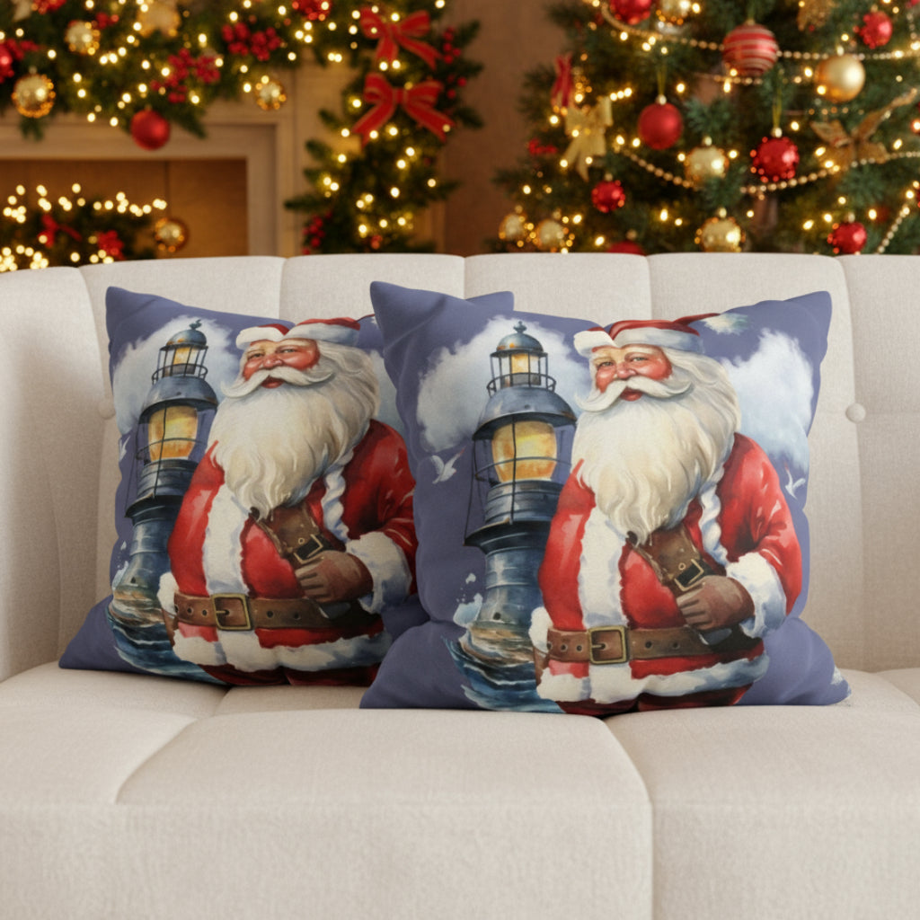 Two decorative pillows with Santa Claus holding a lantern on a sofa.