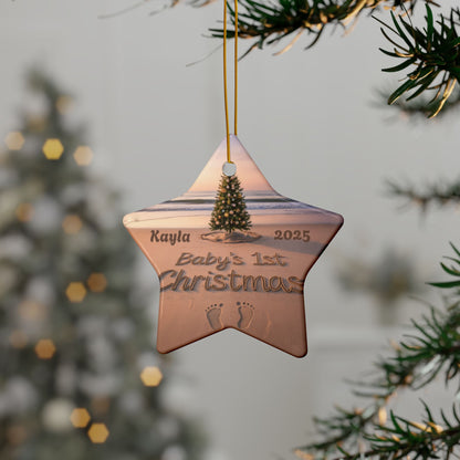 Star-shaped Christmas ornament with 'Baby's 1st Christmas' engraving hanging on a tree.