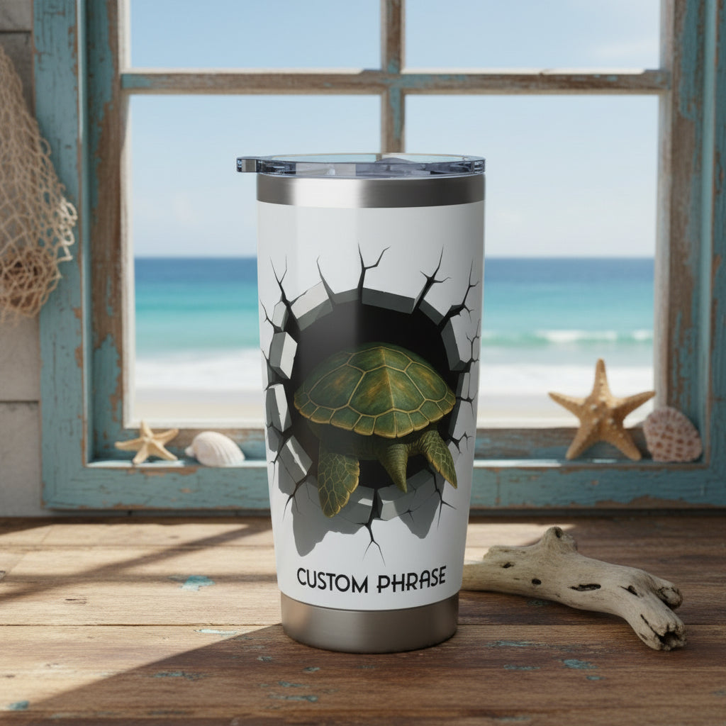 Tumbler with turtle design and 'Custom Phrase' text on a white background
