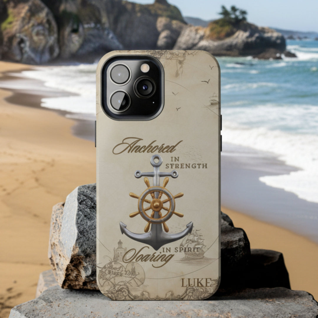 Phone case with anchor and ship wheel design that can be personalized.