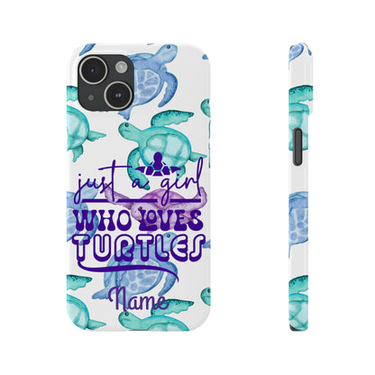 Iphone case with turquoise, blue and purple sea turtles that says  Just a Girl Who Loves Sea turtles