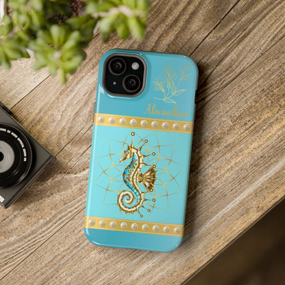 Phone case with seahorse design and 'personalized' text on a teal blue background.