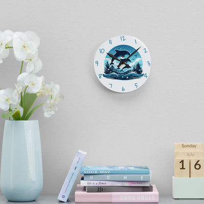 Decorative clock with swimming dolphins on a wall above books and a vase with flowers.