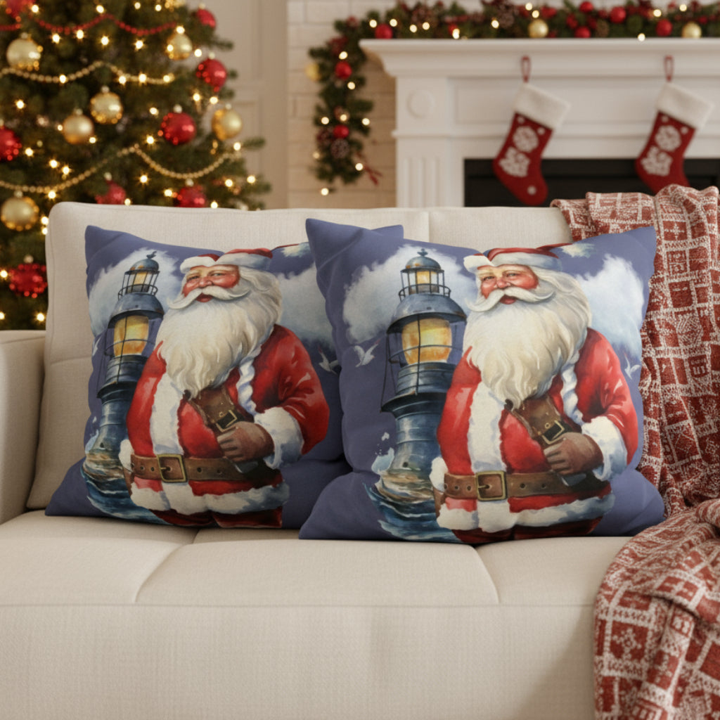 Decorative pillows with Santa Claus holding a lantern on a sofa.