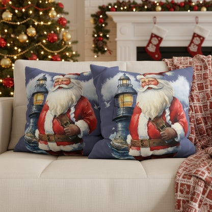 Decorative pillows with Santa Claus holding a lantern on a sofa.