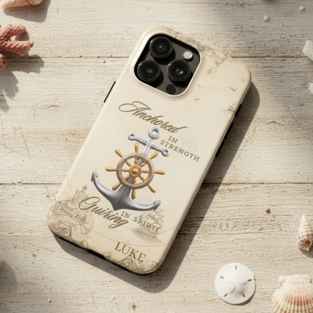 Phone case with anchor and ship wheel design that can be personalized.