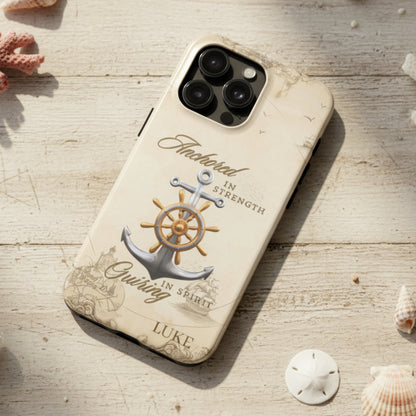 Phone case with anchor and ship wheel design that can be personalized.