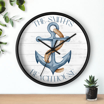 10" round wall clock black frame black hands blue anchor with the text Personalized Name Beach House.