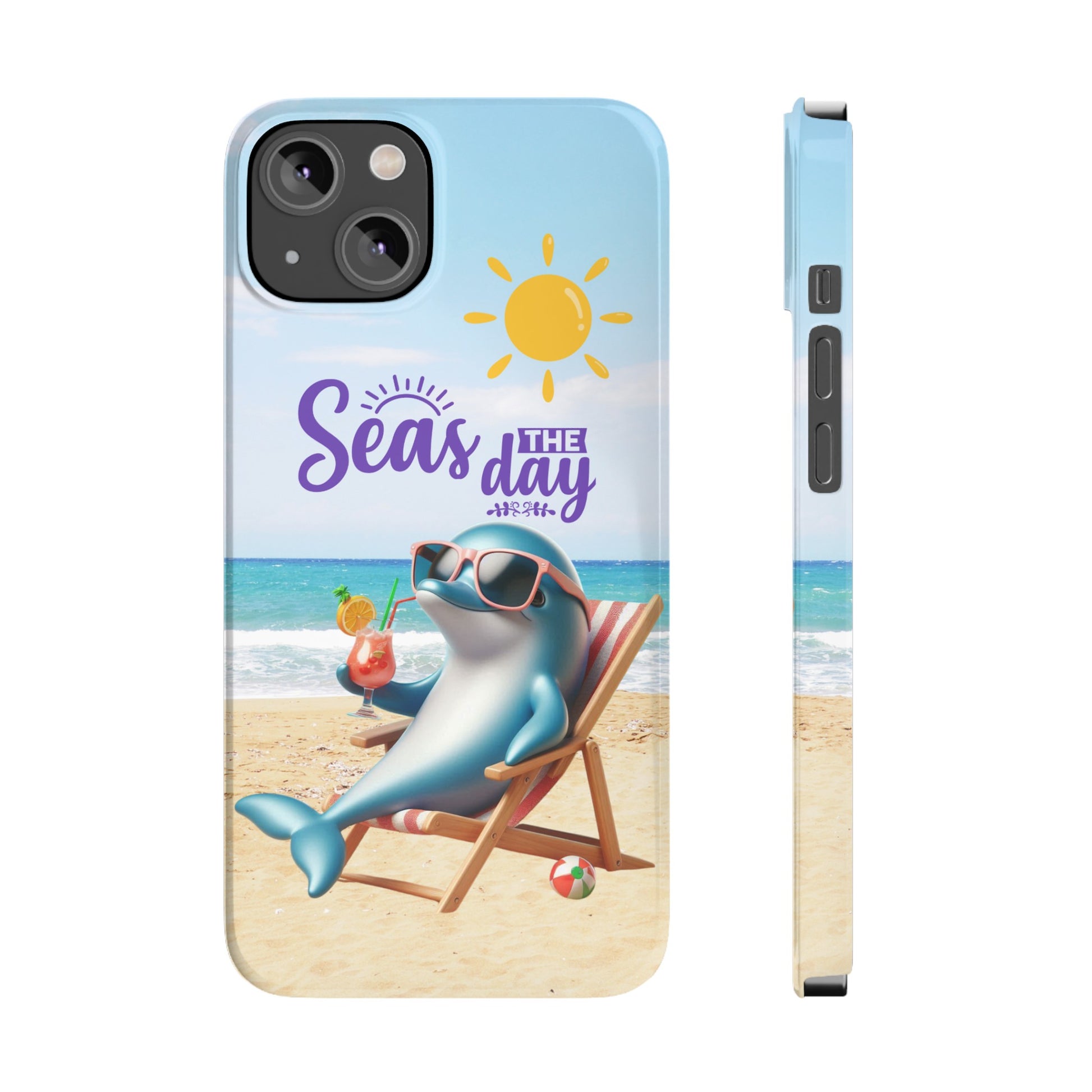 iPhone Case Dolphin sitting in beach lounge chair on beach with text Seas The Day