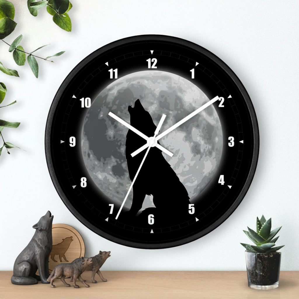 Wall clock with a wolf howling at the moon design on a white background