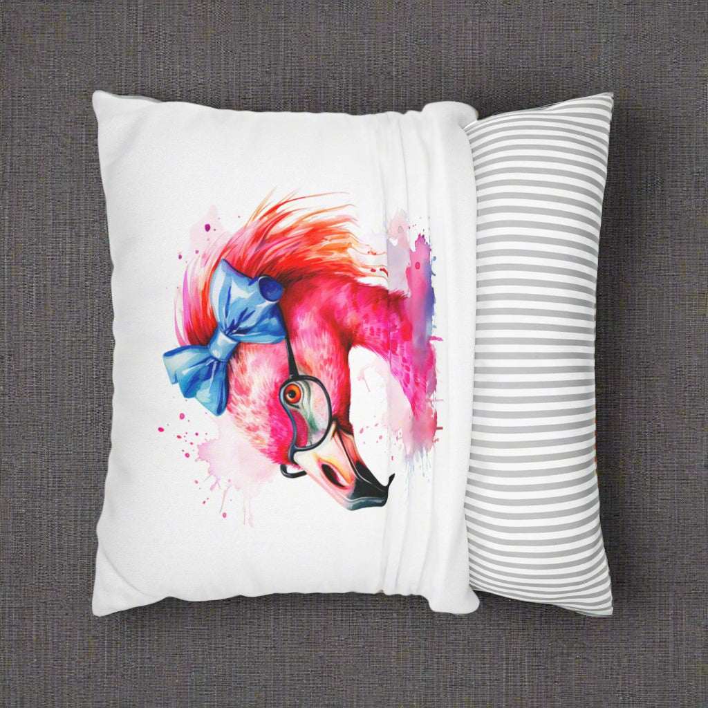 White flamingo pillow showing the ease of removal of pillow cover.