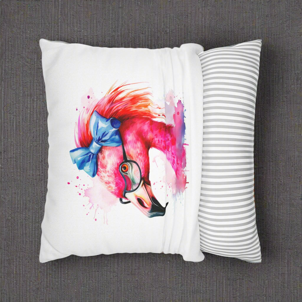 White flamingo pillow showing the ease of removal of pillow cover.