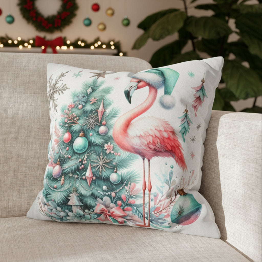 Decorative pillow with a flamingo and Christmas tree design on a couch.