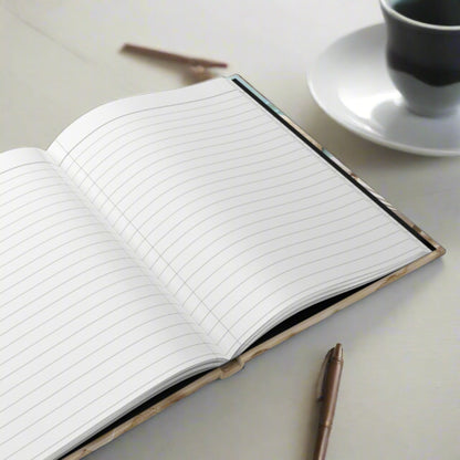 an open hardcover journal showing white pages with lines