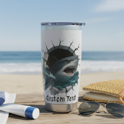 Tumbler with shark breakout design and 'Custom Text' placeholder on a white background