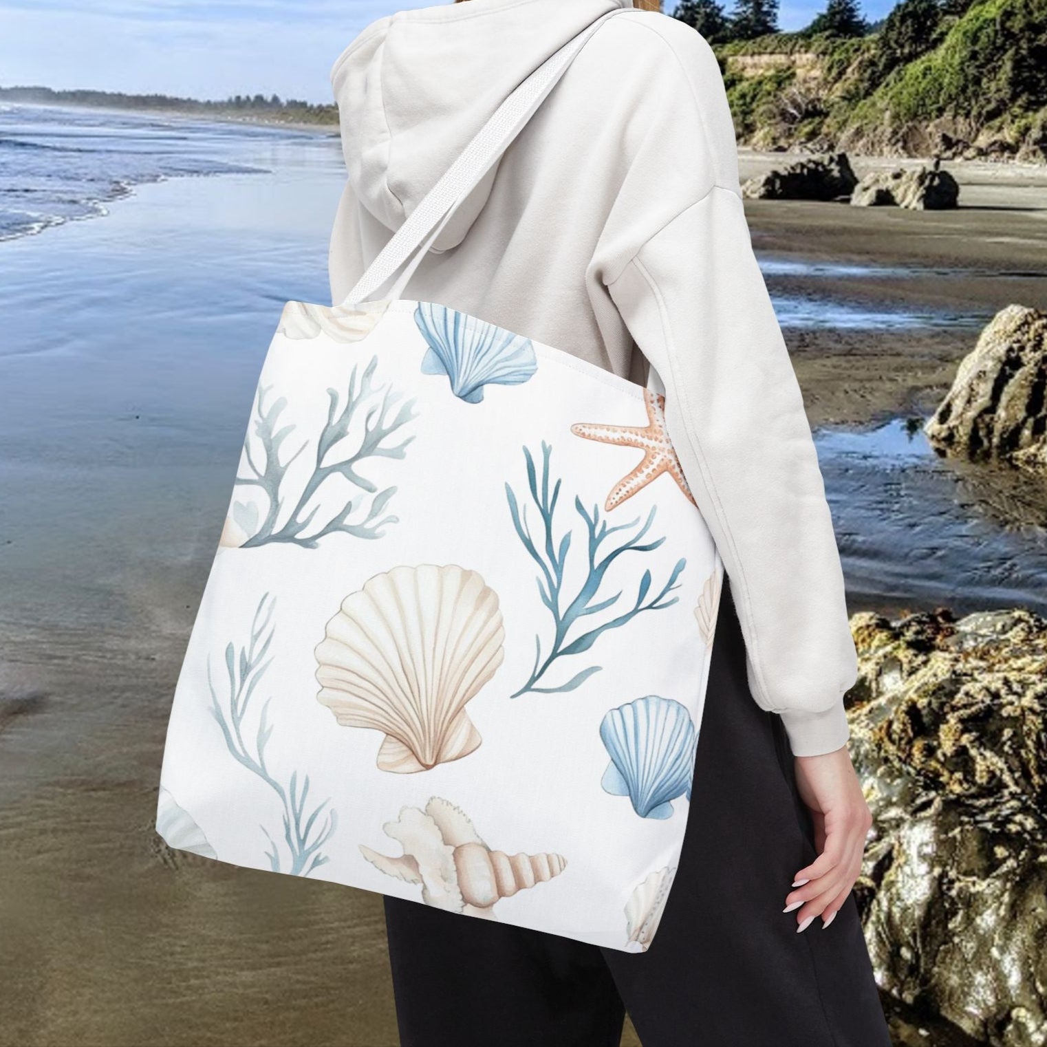 18" x 18" White tote bag with pastel blue and coral seashells, starfish, and underwater plants, with white handles.