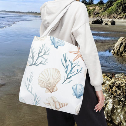 18" x 18" White tote bag with pastel blue and coral seashells, starfish, and underwater plants, with white handles.