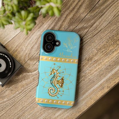 Phone case with seahorse design and 'personalized' text on a teal blue background.
