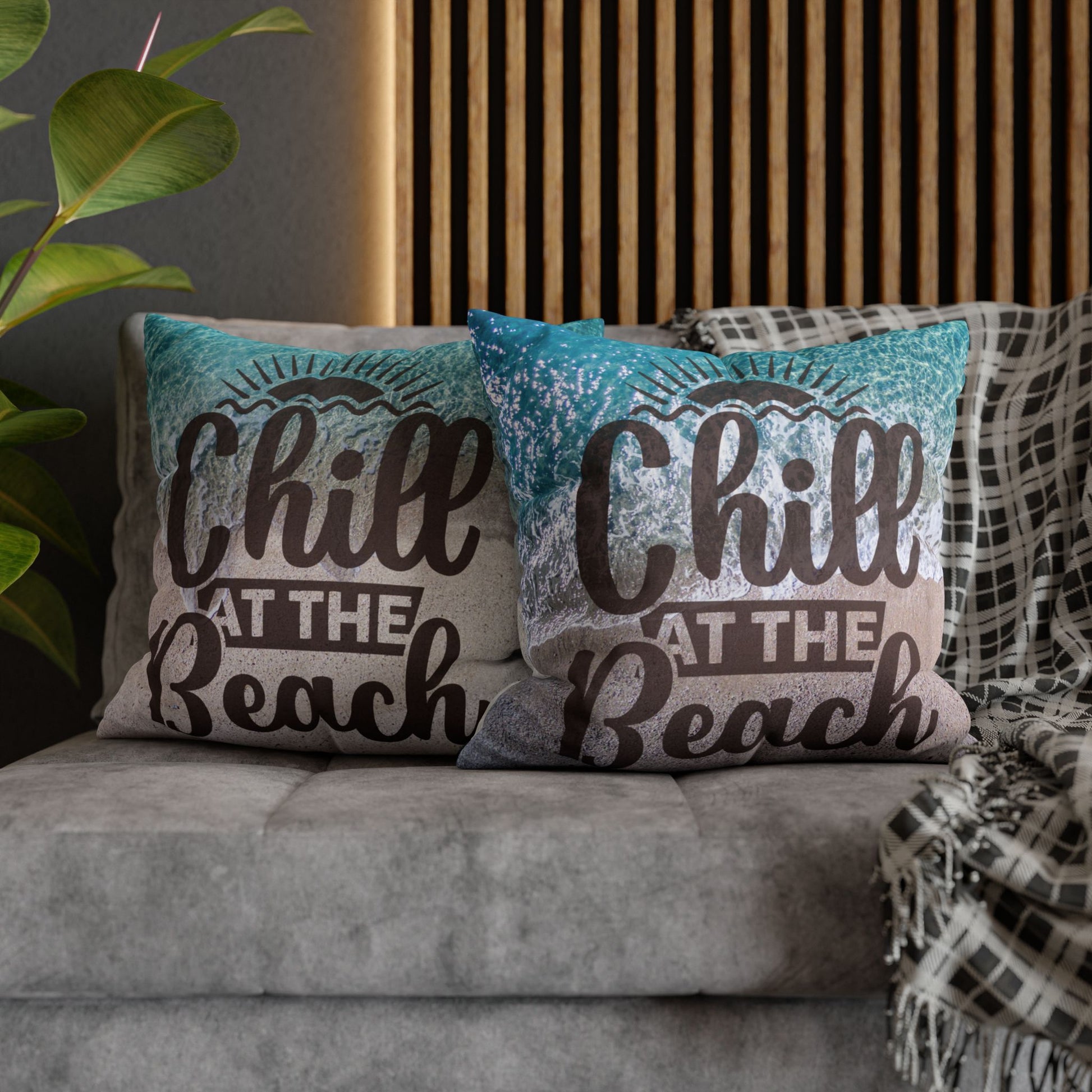Two 20" x 20" decorative pillows with 'Chill at the Beach' text on a beach background. 