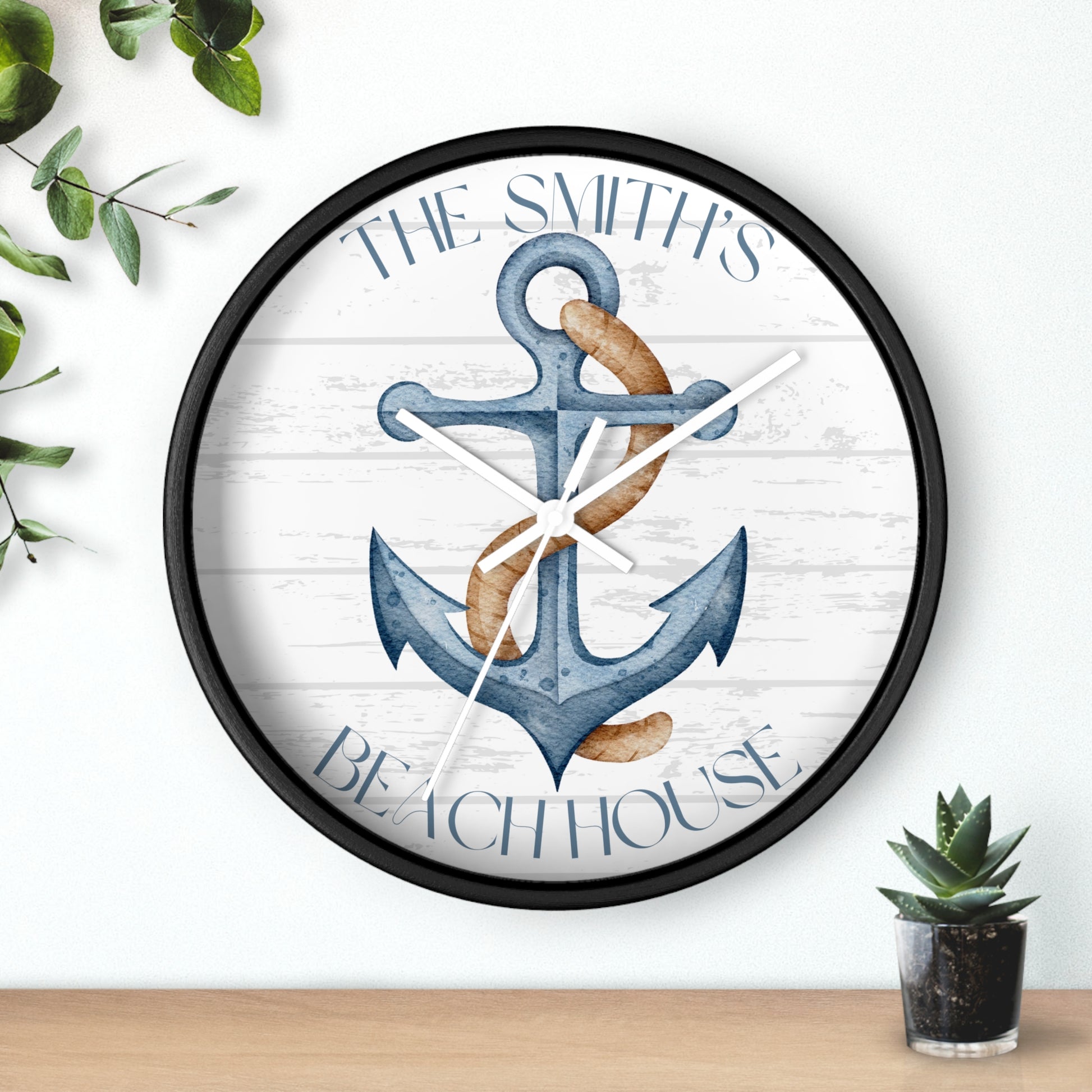 10" round wall clock black frame white hands blue anchor with the text Personalized Name Beach House.