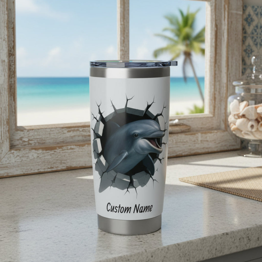 Tumbler with a dolphin breaking out of tumbler and 'Custom Name' text on a white background.