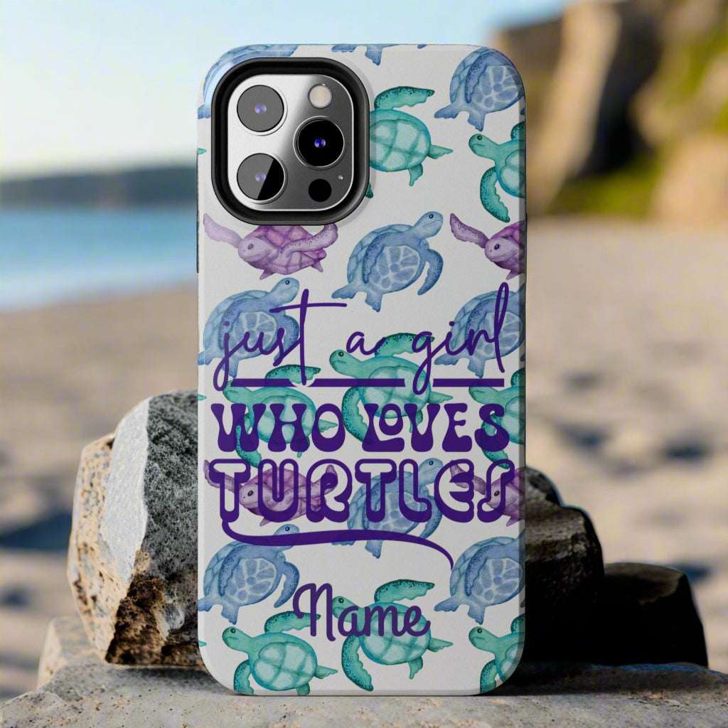 Phone case with sea turtle design and text on a gray background