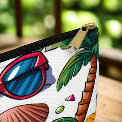 Corner image of White accessories bag with black zipper with colorful beach graphics that says Life is Better in Flip Flops