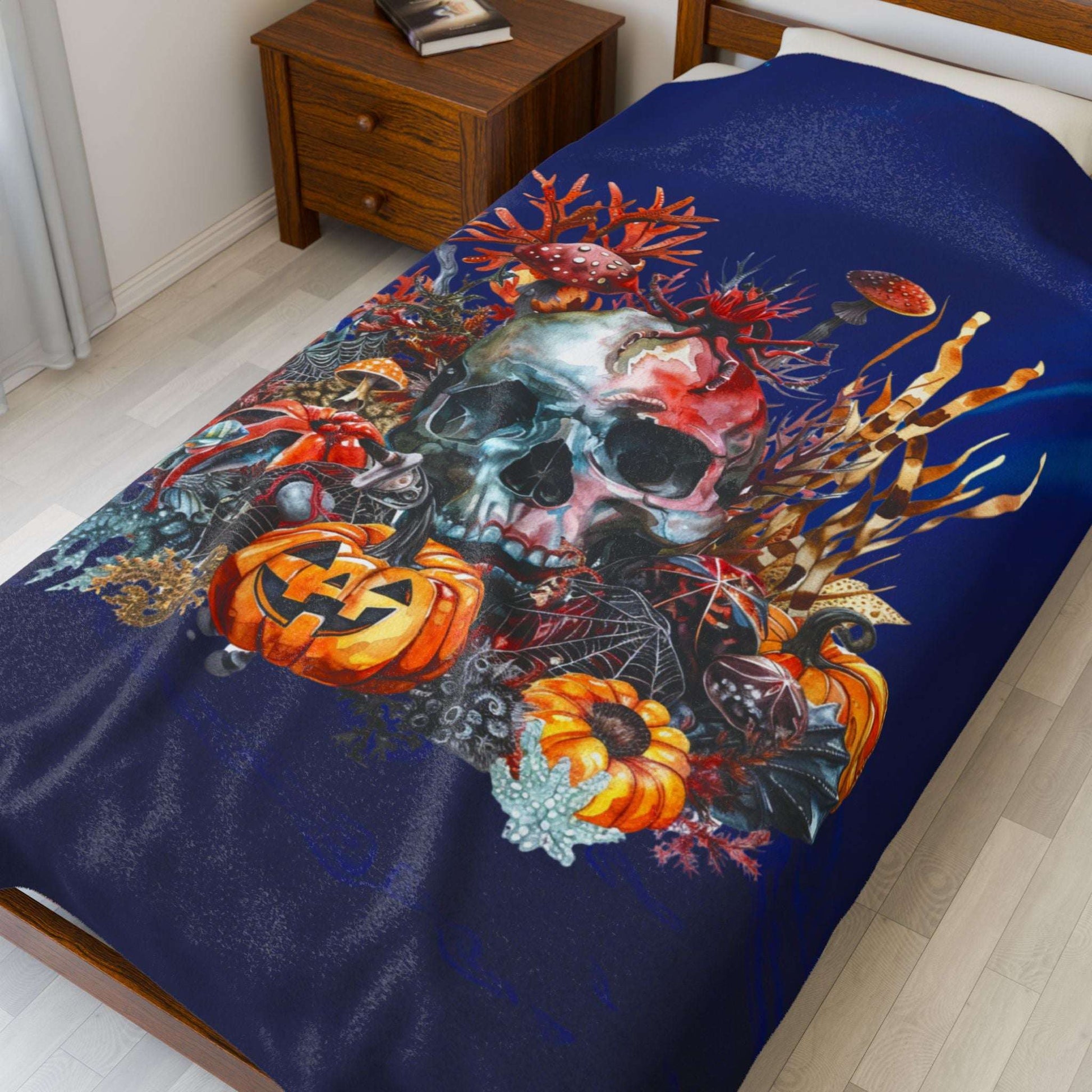Halloween Skull Plush 60" x 80" Blanket with skull, pumpkins, and underwater plants on dark blue background.