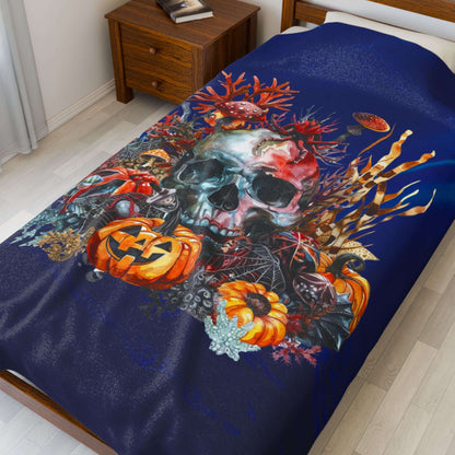 Halloween Skull Plush 60" x 80" Blanket with skull, pumpkins, and underwater plants on dark blue background.