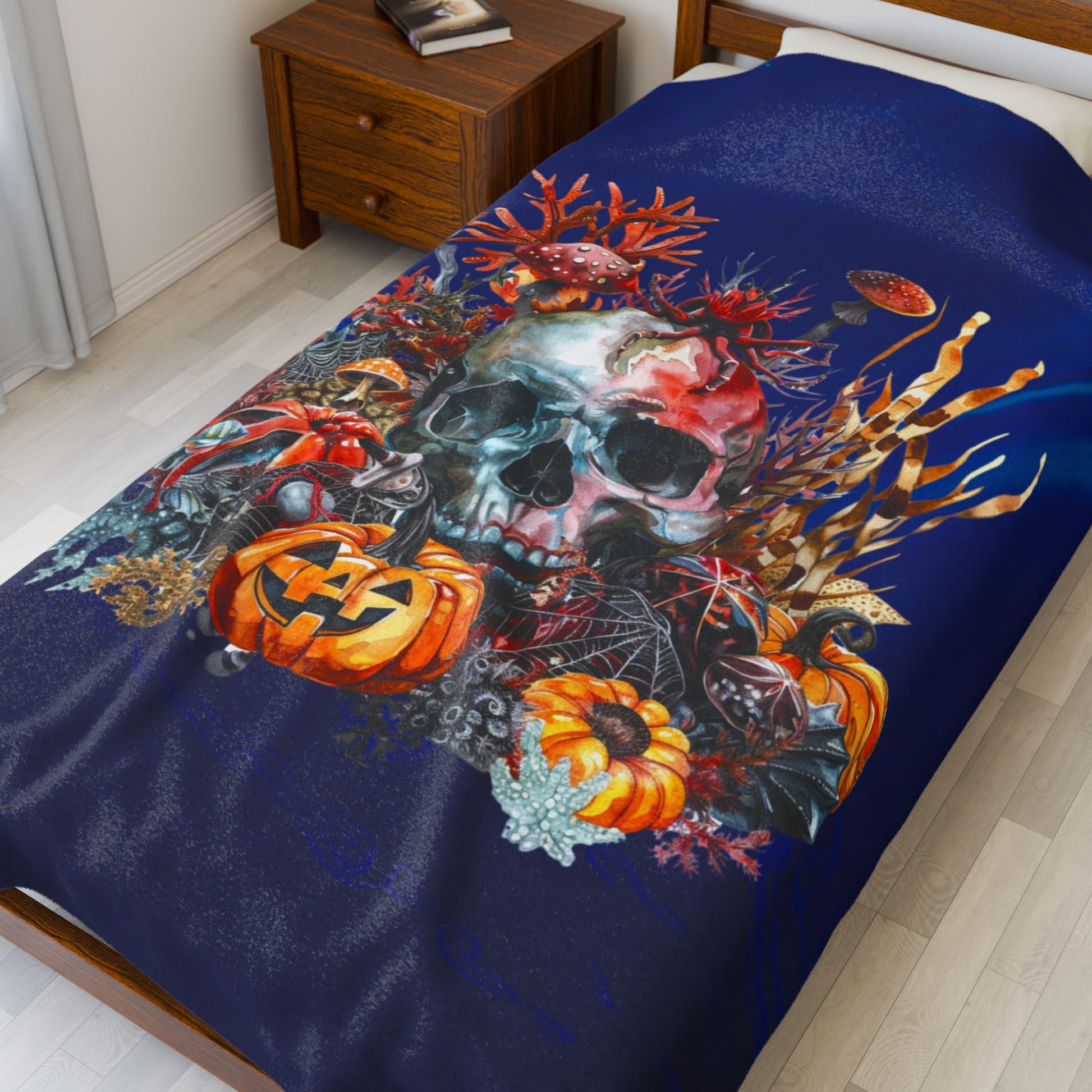 Halloween Skull Plush 60" x 80" Blanket with skull, pumpkins, and underwater plants on dark blue background.