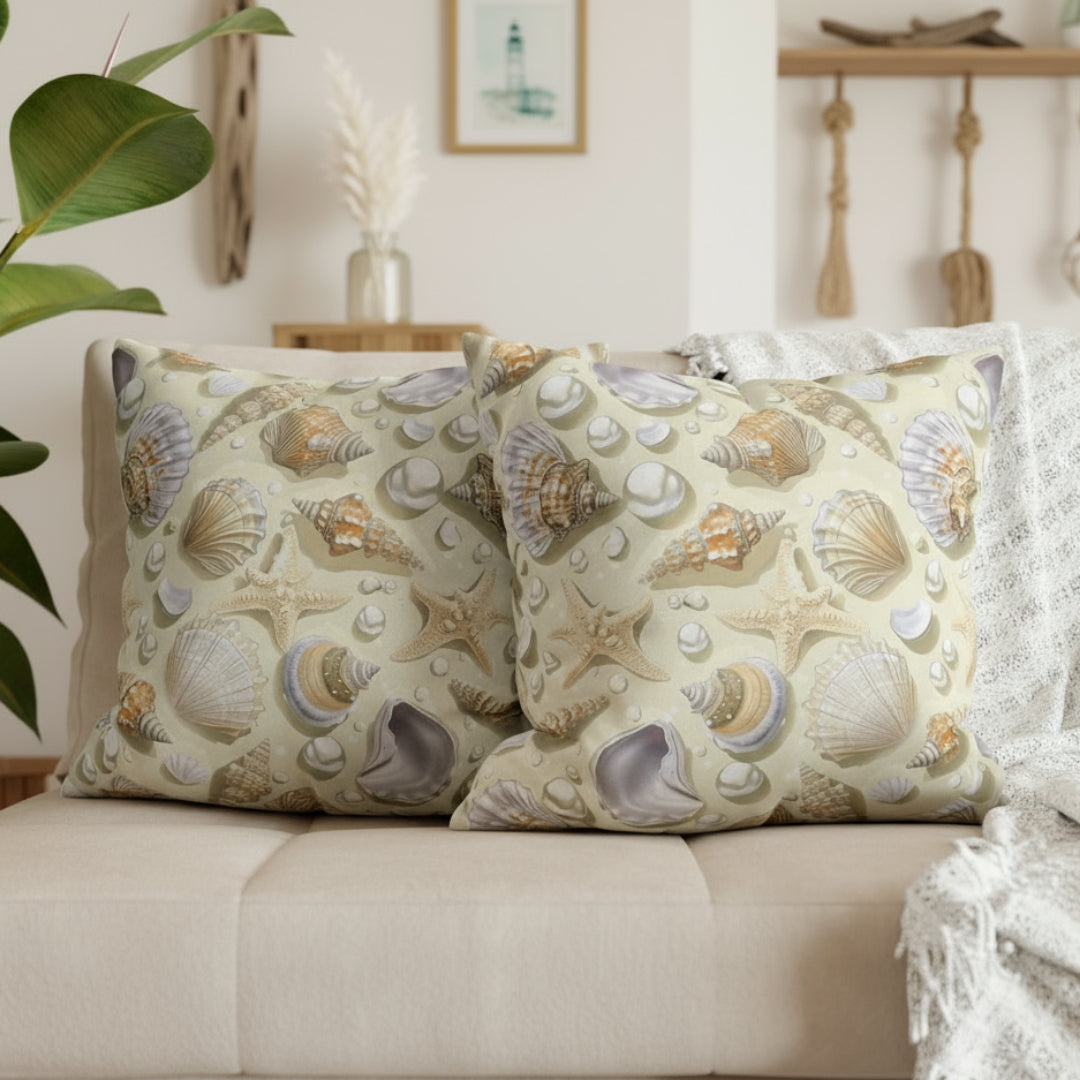 Decorative pillows with shell pattern on a gray sofa