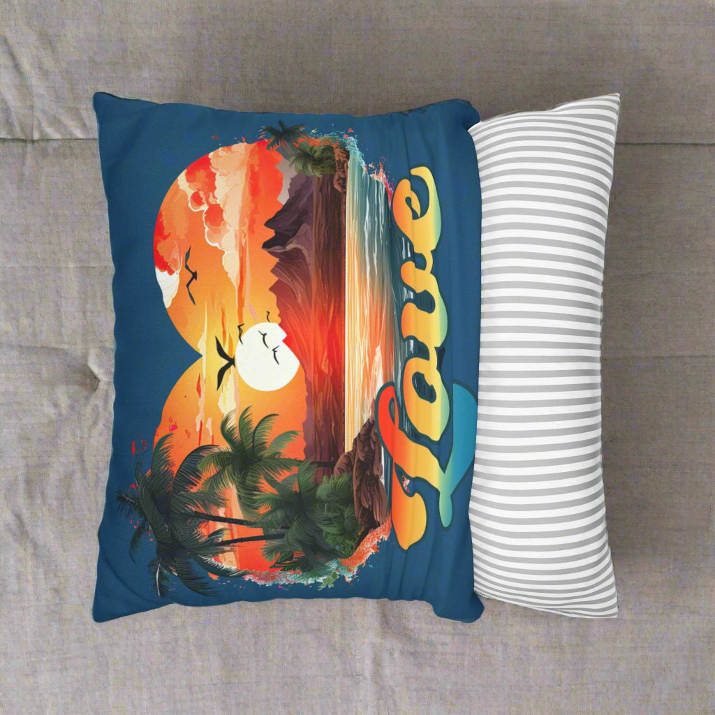 Decorative pillow with tropical design showing how the pillow case is removed.