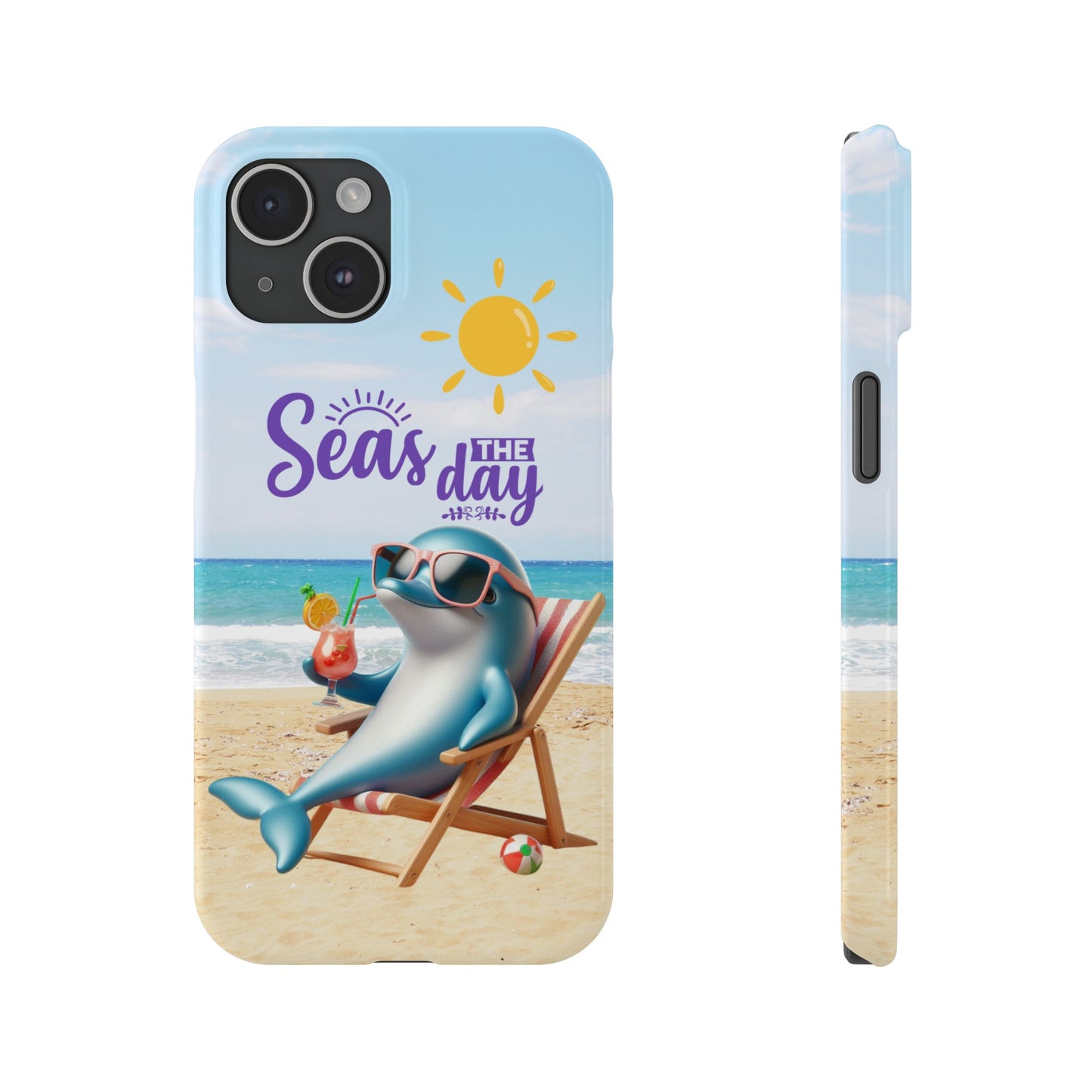 iPhone Case Dolphin sitting in beach lounge chair on beach with text Seas The Day