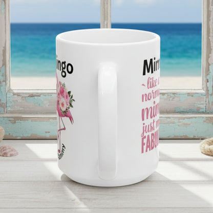 White mug with text and graphics on a white background