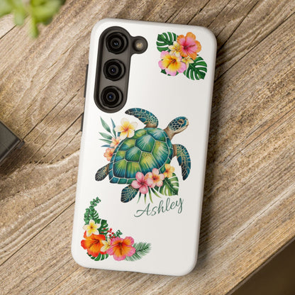 Samsung phone case with a white background and a sea turtle with hibiscus flowers, with more hibiscus flowers around the sides.
