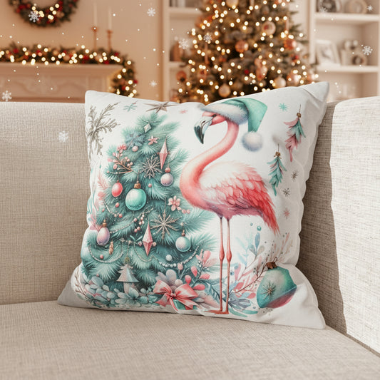 Decorative pillow with a flamingo and Christmas tree design on a couch.