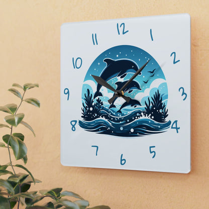 Wall clock with swimming dolphins design on a white background.