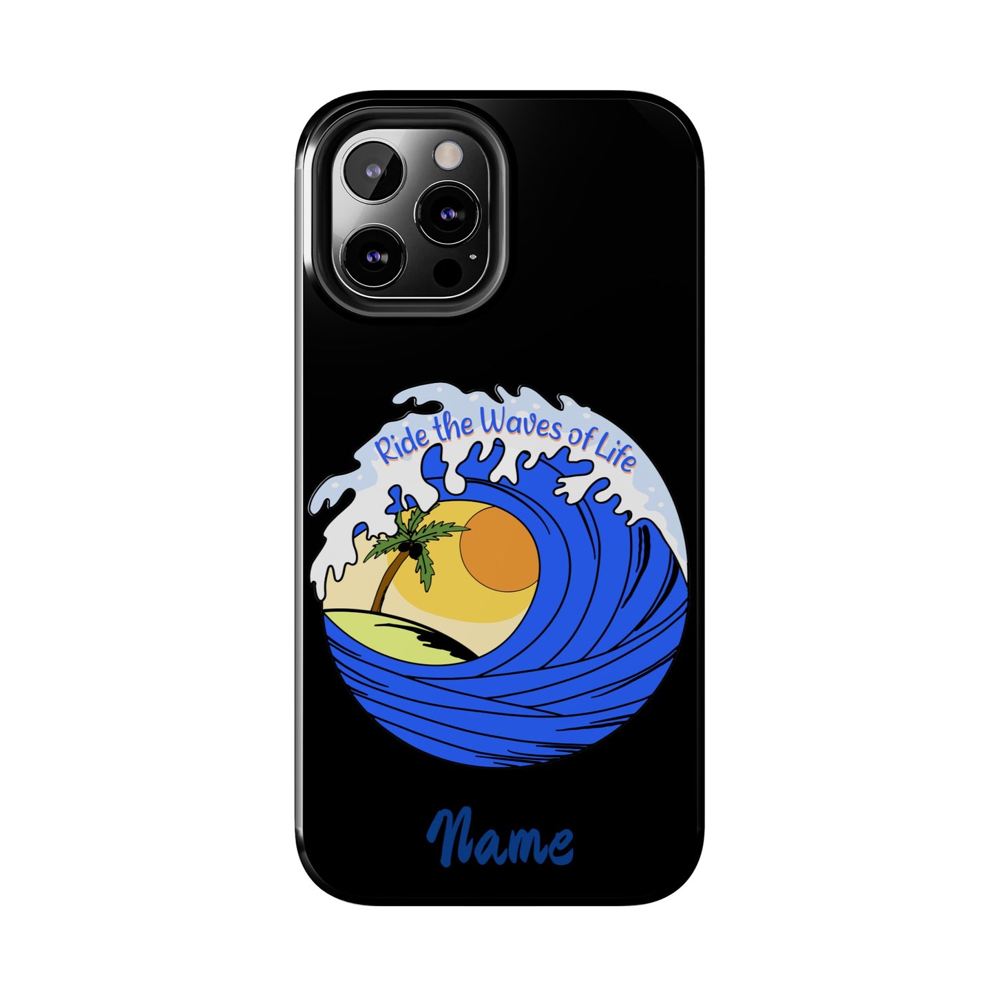 Phone case black with barrel wave with sunset in middle that says Ride the Waves of life