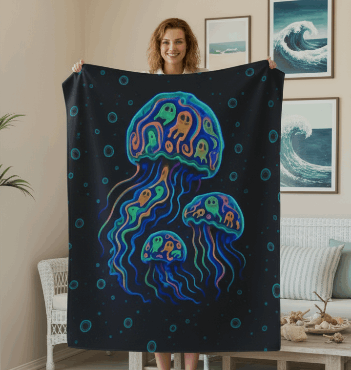 Woman holding a colorful jellyfish-themed blanket in a living room.