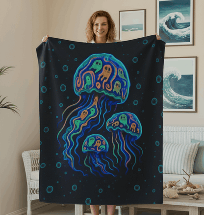 Woman holding a colorful jellyfish-themed blanket in a living room.