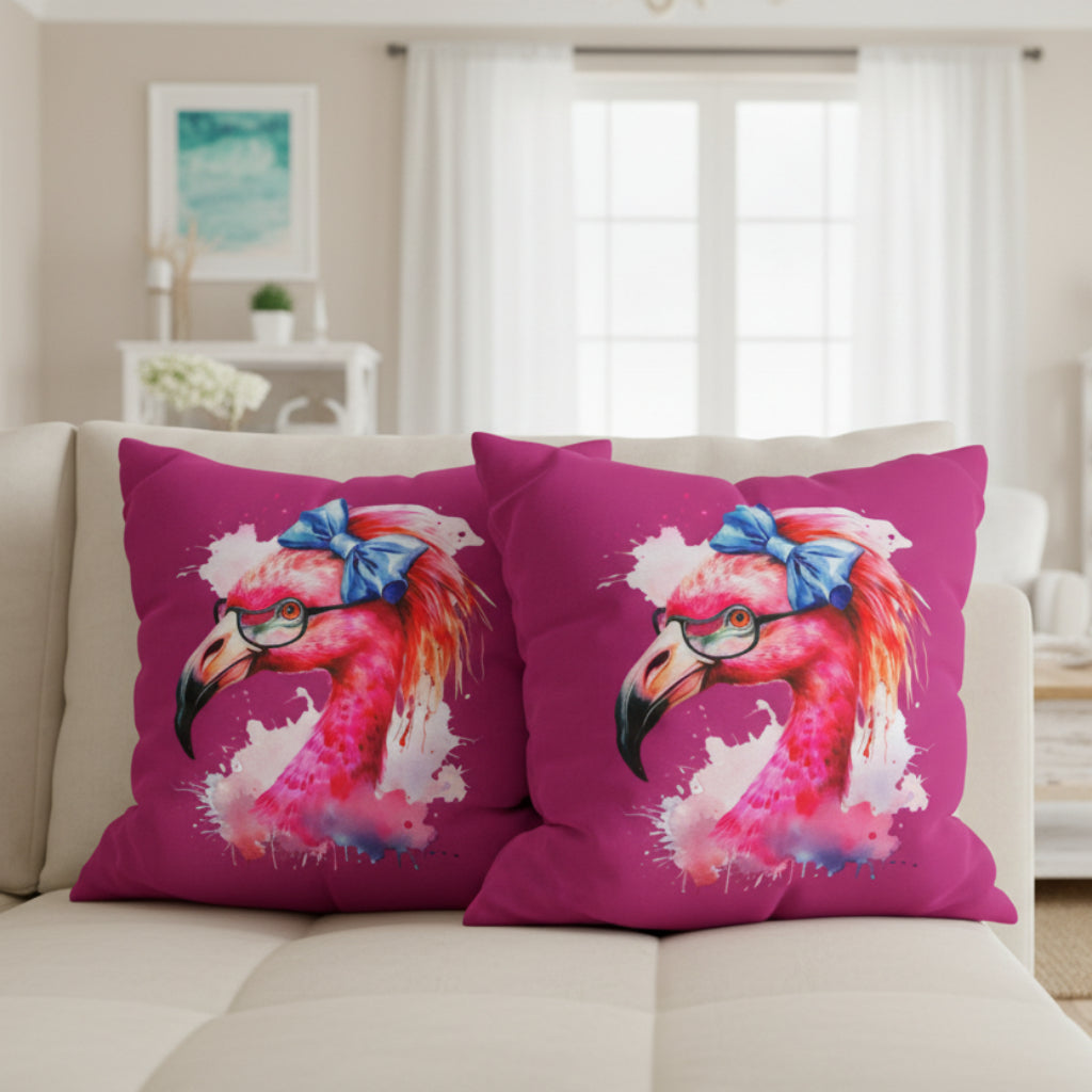 Two pink pillows with flamingo designs on a gray sofa.