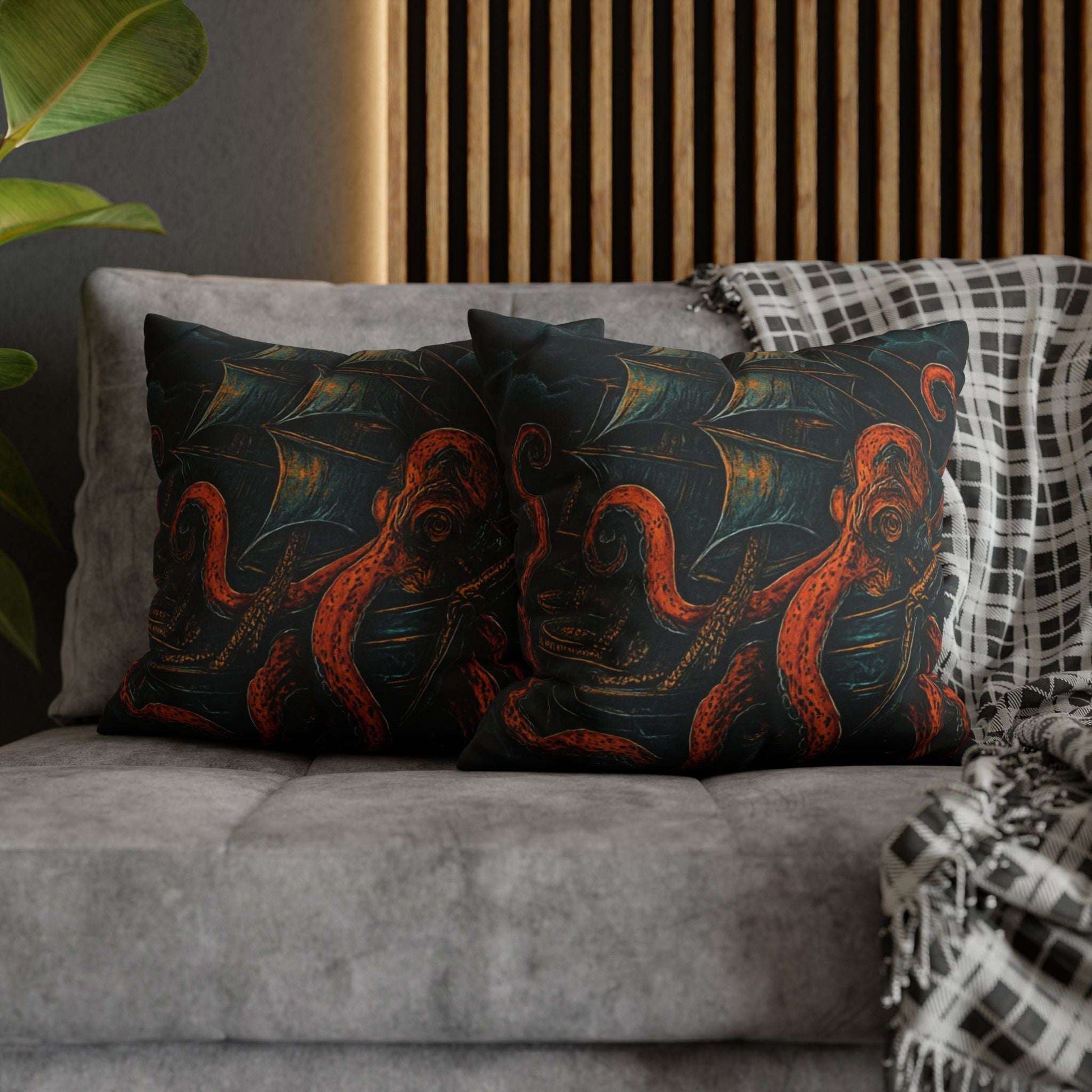 18" x 18" Black pillowcase with a design of a large octopus enveloping an old sail ship.