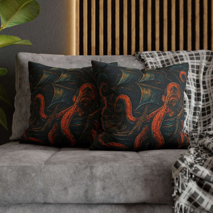 18" x 18" Black pillowcase with a design of a large octopus enveloping an old sail ship.
