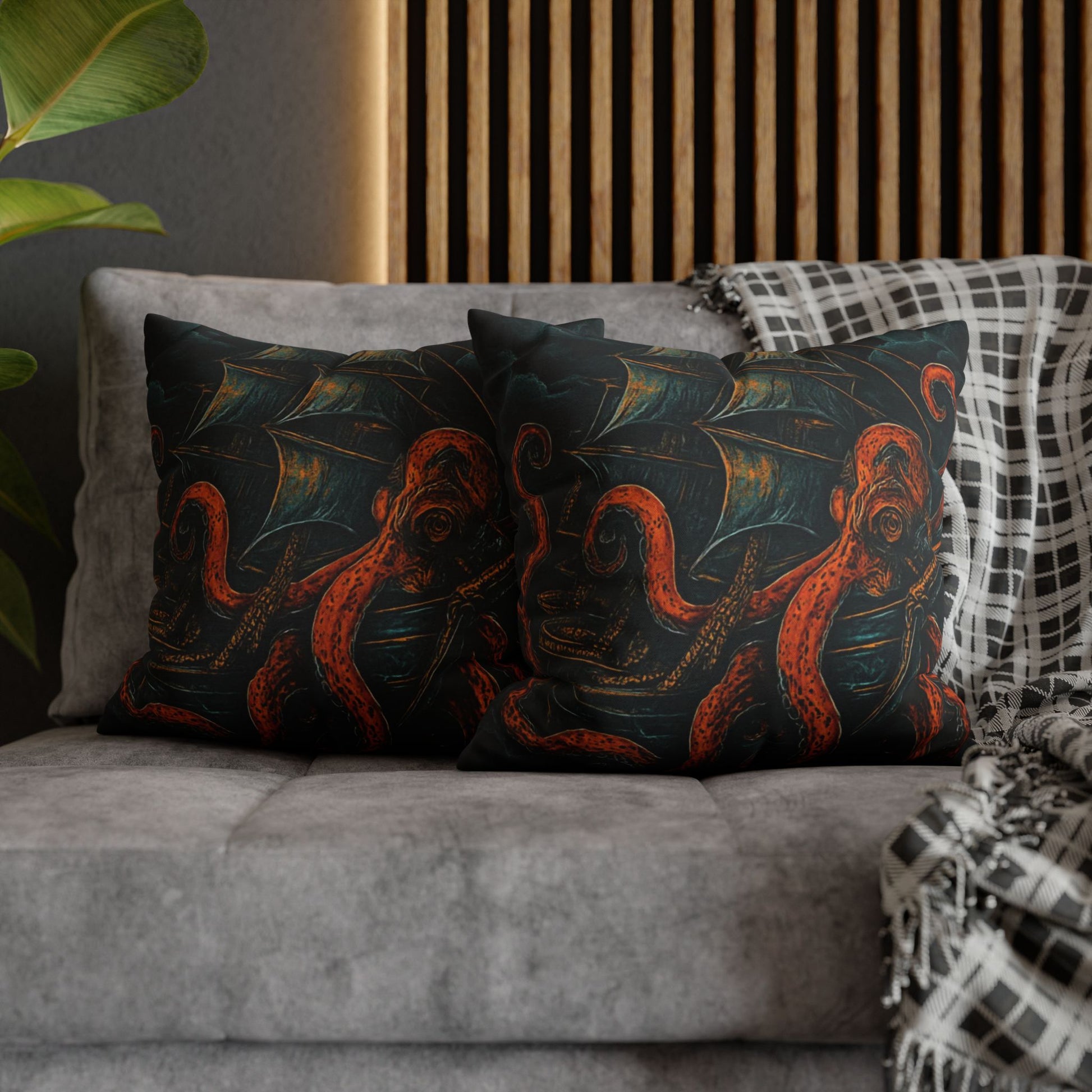 18" x 18" Black pillowcase with a design of a large octopus enveloping an old sail ship.