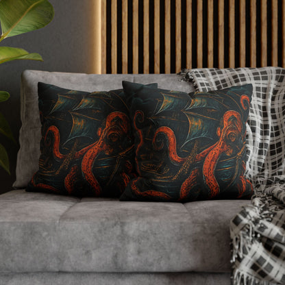 18" x 18" Black pillowcase with a design of a large octopus enveloping an old sail ship.