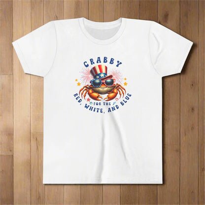 White t-shirt with a crab graphic and text on a white background
