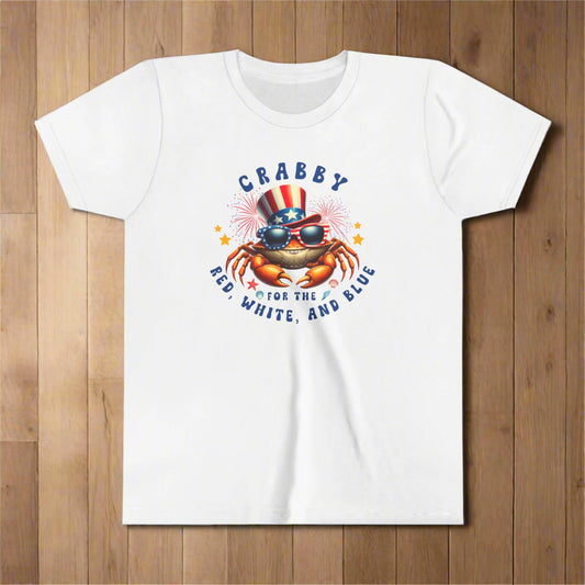 White t-shirt with a crab graphic and text on a white background