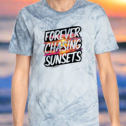 a blue color burst t-shirt that has a sunset on it with the words chasing sunsets on it.