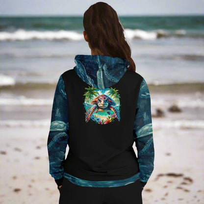 Custom hoodie with black front and back, underwater scene with sea turtles on sleeves, kangaroo pouch and hood. Sea turtle on back looking out